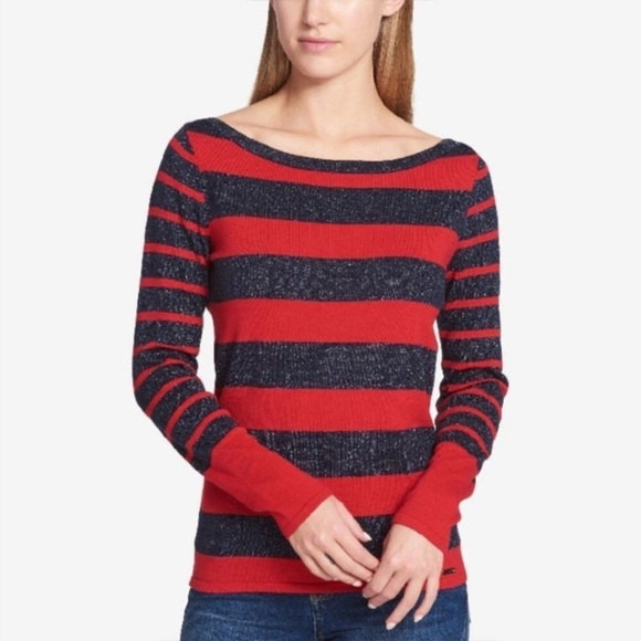 TOMMY HILFIGER Navy Red Stripe Mixed Print Sweater - Picture 3 of 12